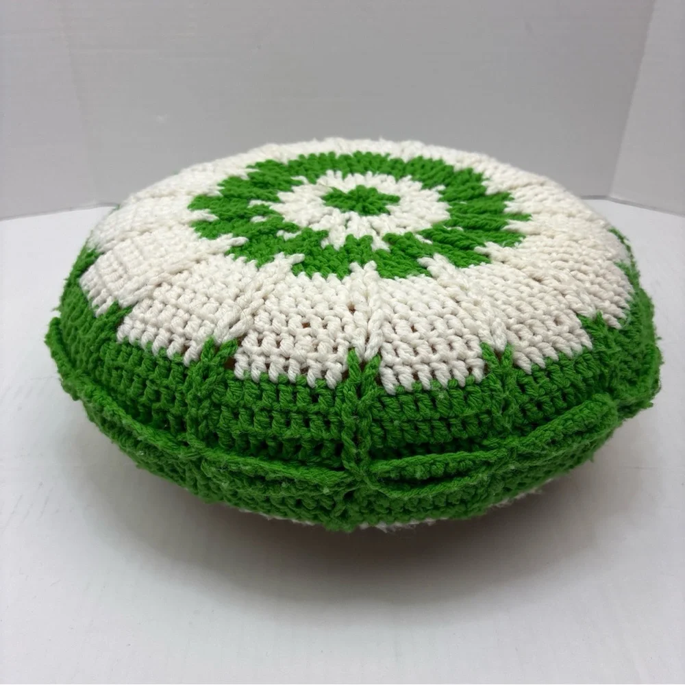Vintage Crochet Pillow Flower Green White Knit Handmade Foam Cushion Retro